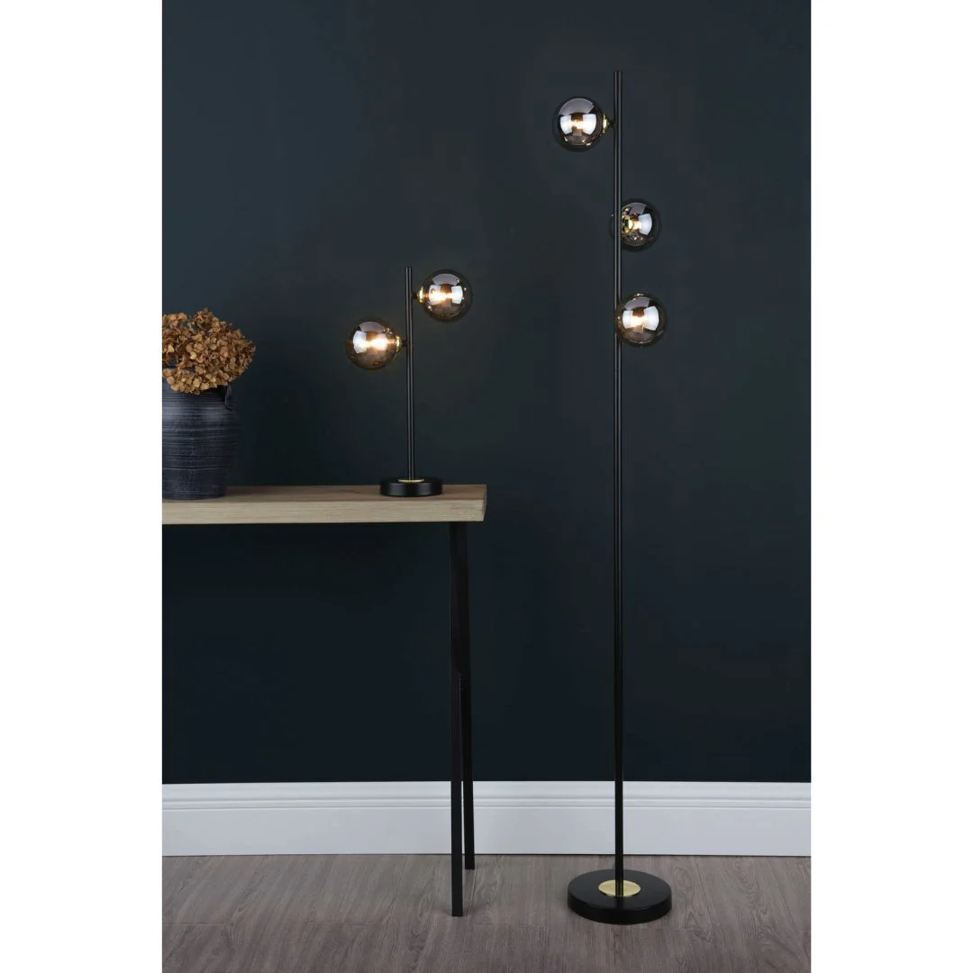 Eaen 3 Light Black and Gold Floor Lamp with Smoked Glass - Image 3