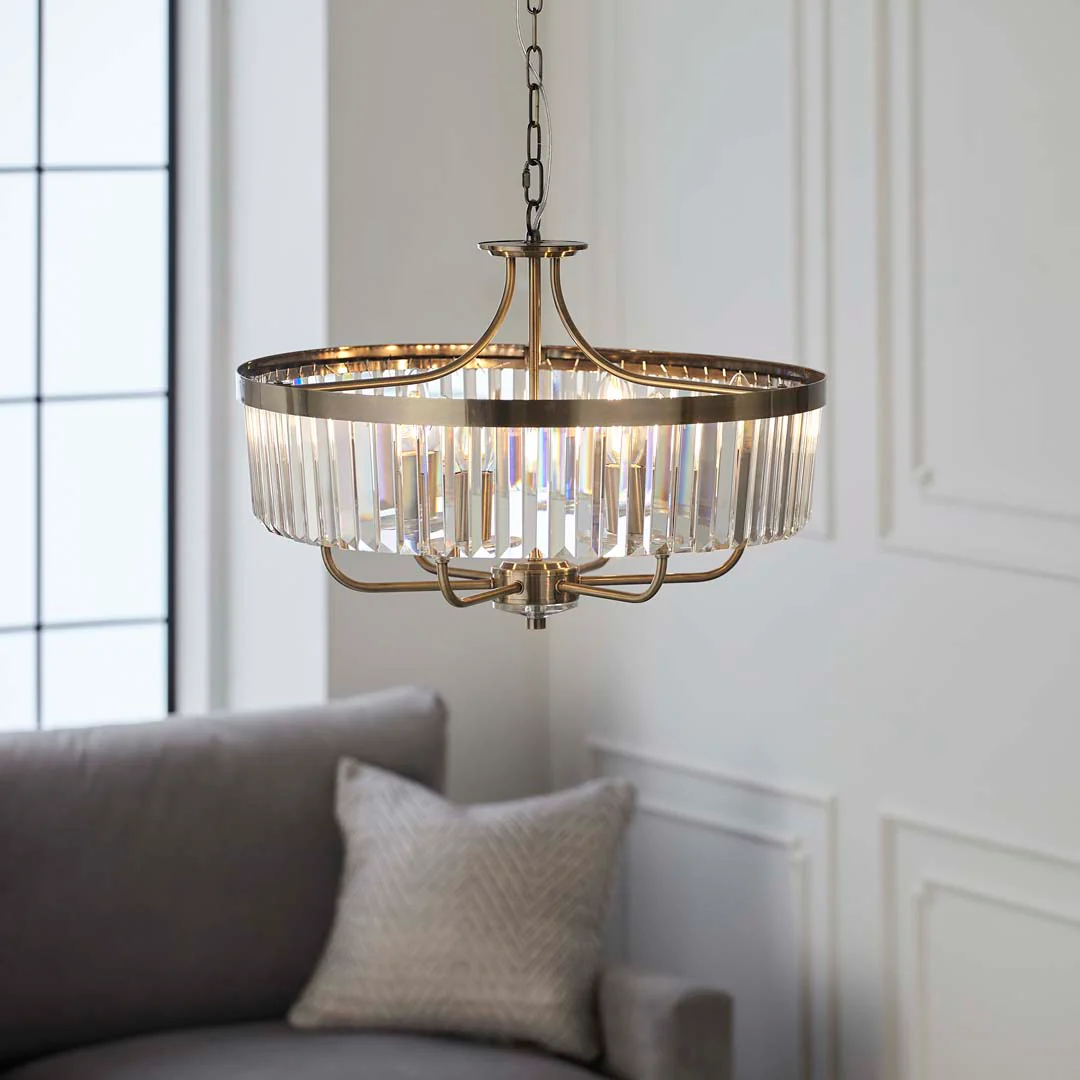 Elean 6 Light Antique Brass & Glass Pendant Ceiling Light - Image 3