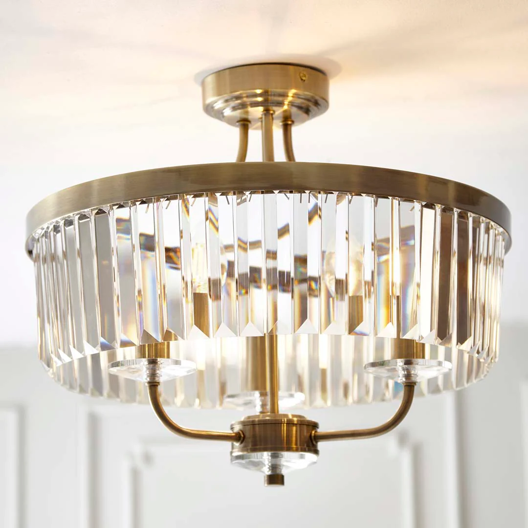 Elean 3 Light Antique Brass Glass Semi Flush Ceiling Light - Image 3