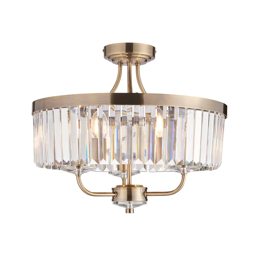 Elean 3 Light Antique Brass Glass Semi Flush Ceiling Light - Image 7