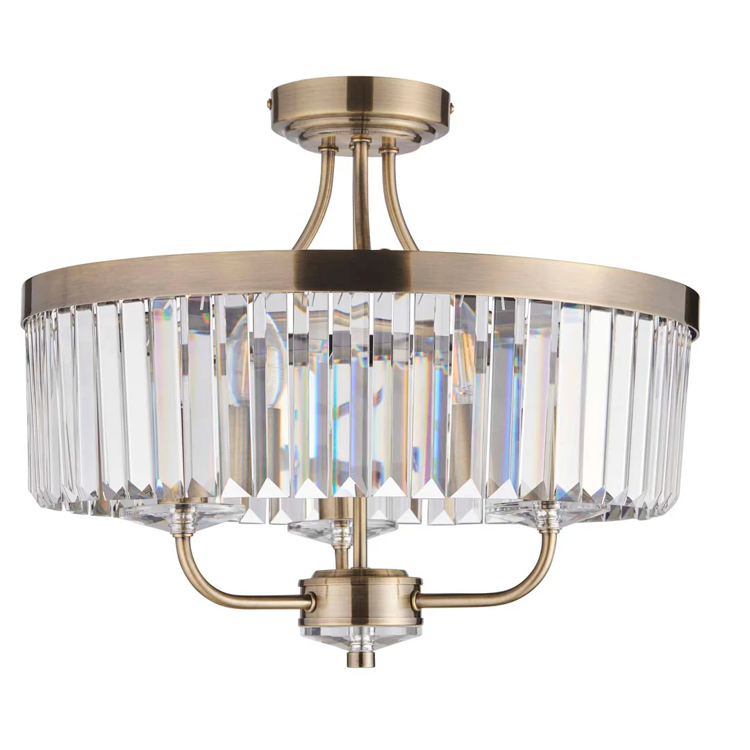 Elean 3 Light Antique Brass Glass Semi Flush Ceiling Light - Image 8