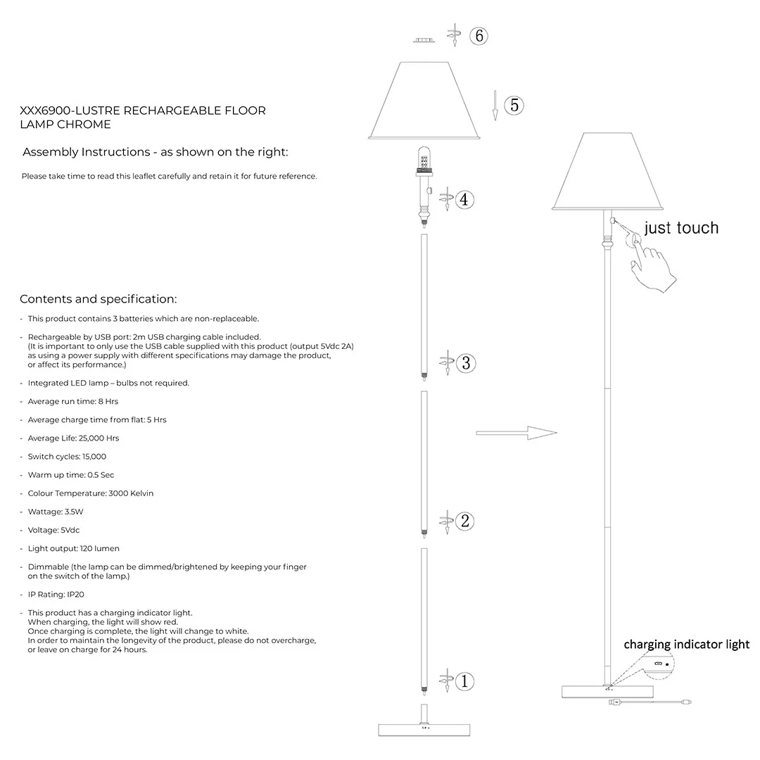 Lustre Polished Chrome LED Rechargeable Floor Lamp - Image 9